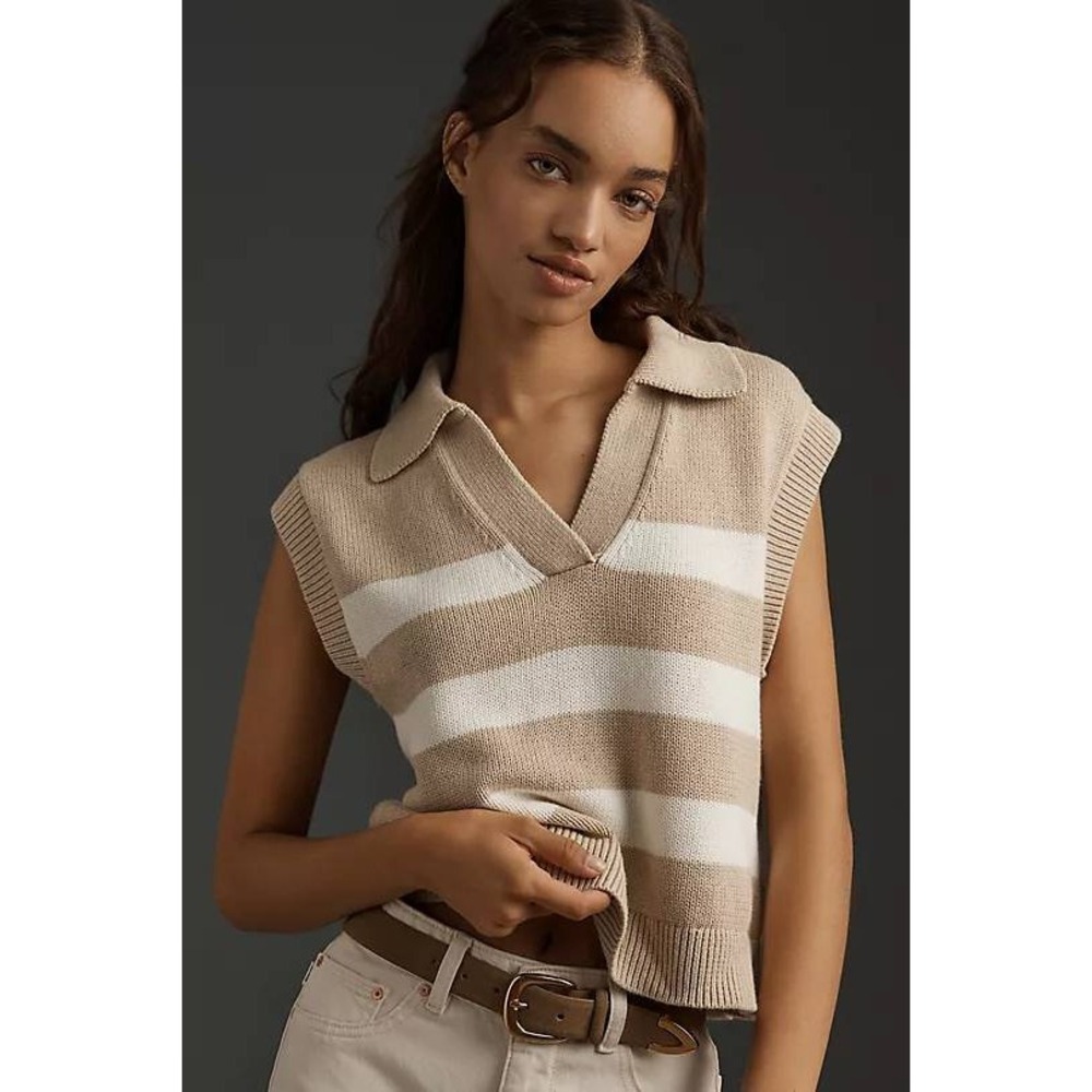 Velvet by Graham & Spencer Mariette Sweater Vest Womens S Beige Preppy Rugby NWT